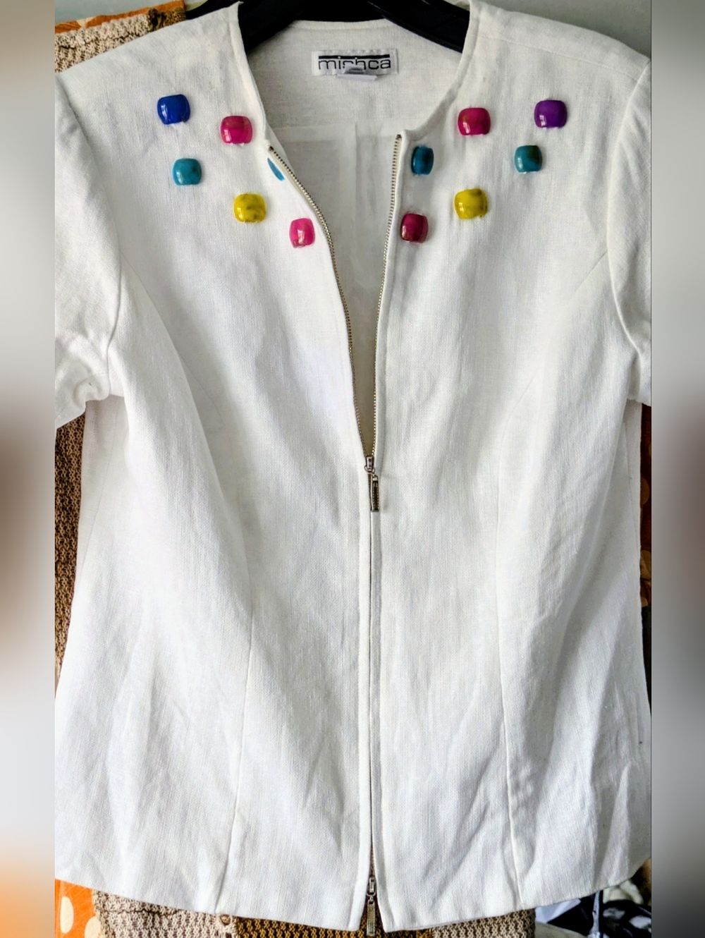Vintage Mishca white linen/cotton blazer with the cutest details Colorful deco